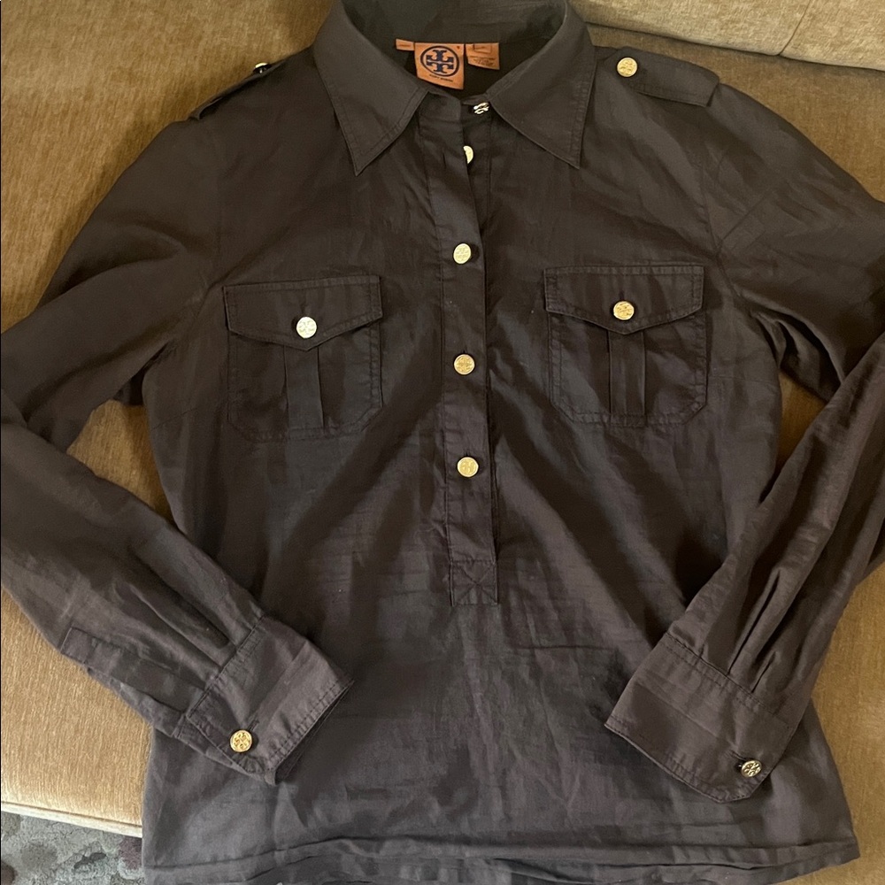 Tory Burch Black Button-Down Utility Shirt with Gold Buttons